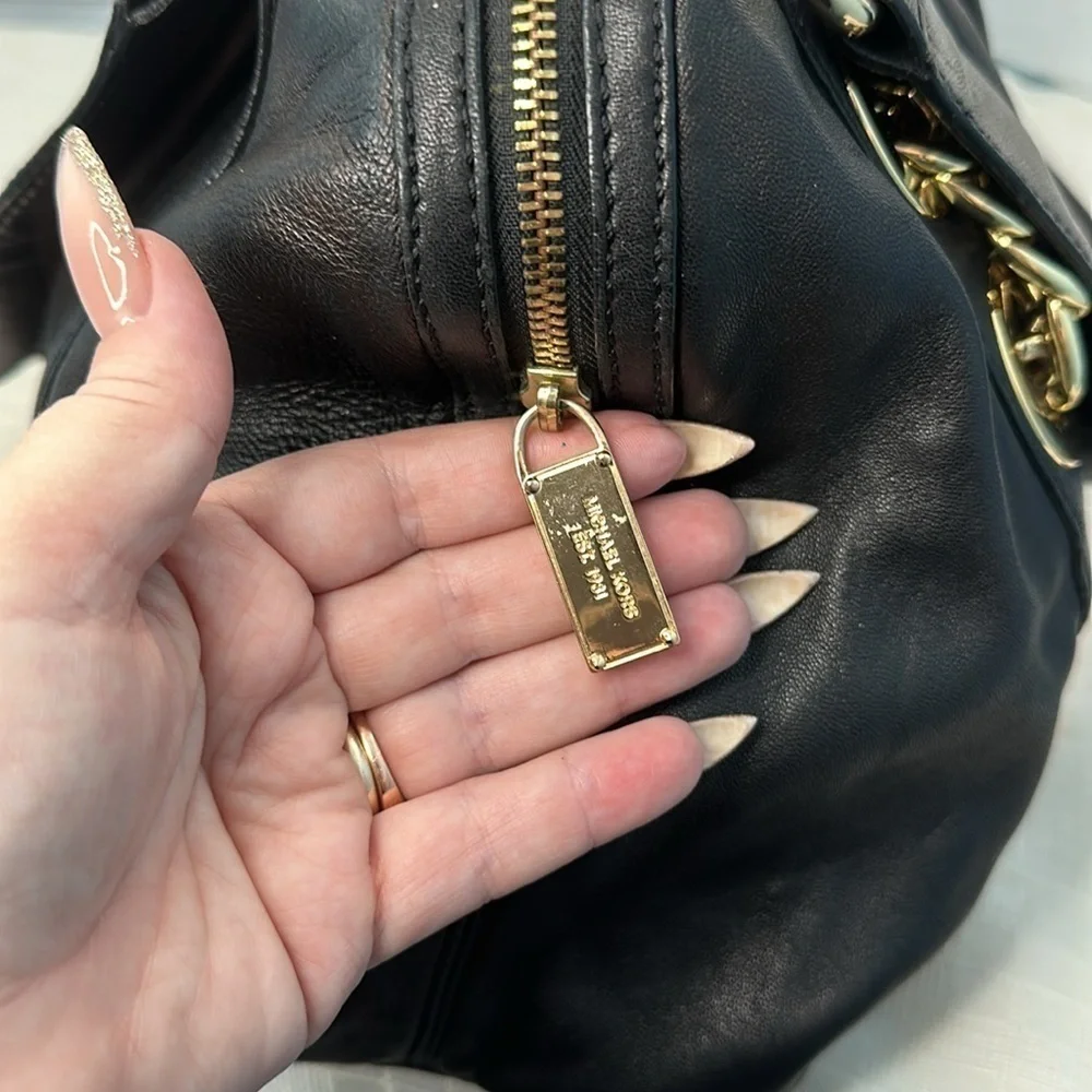 Michael Kors Black Leather Pebbled Gold Chain Shoulder Bag